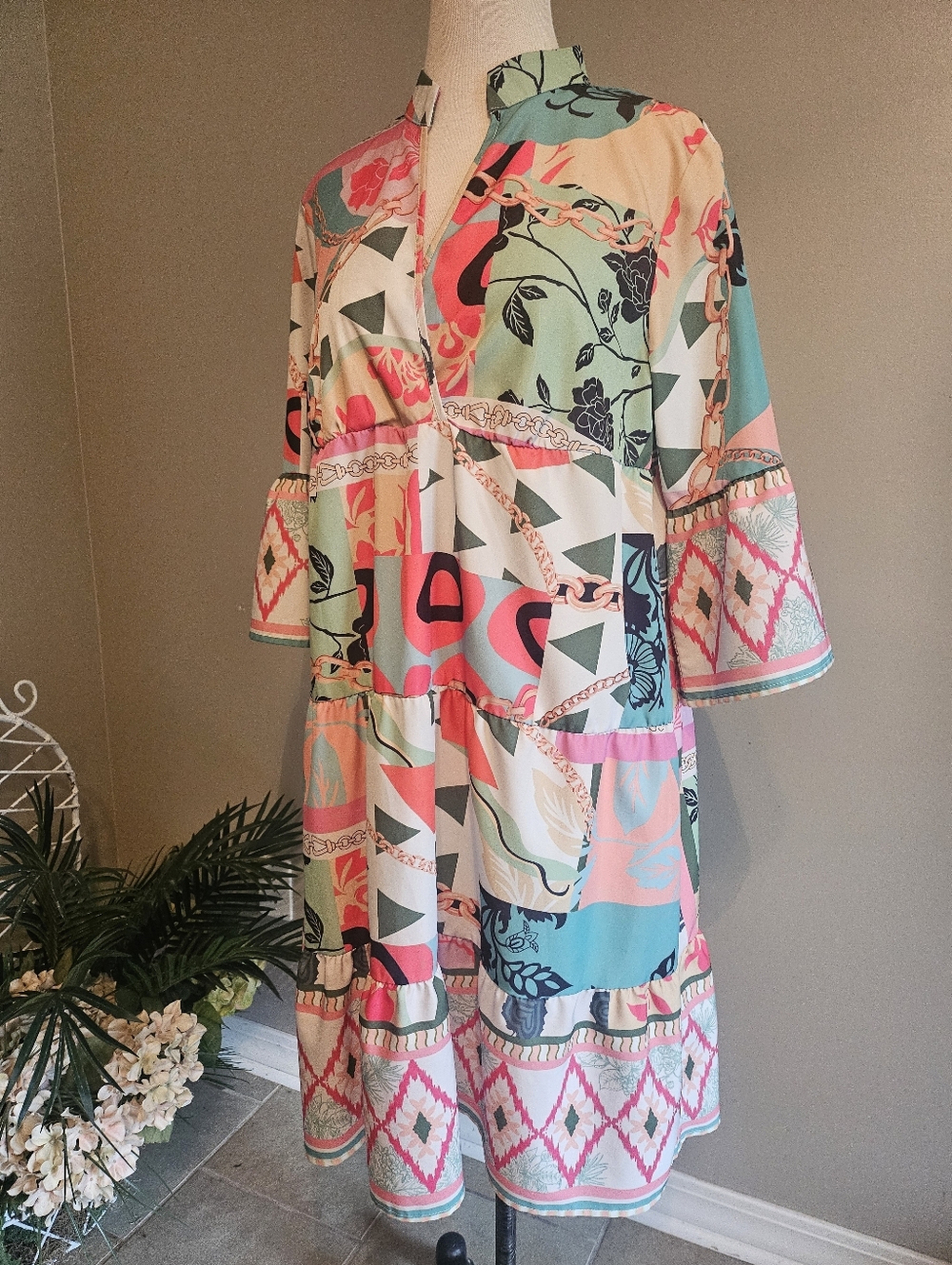 Colorblock Floral Patchwork Tunic Dress in Coral, Mint, Teal